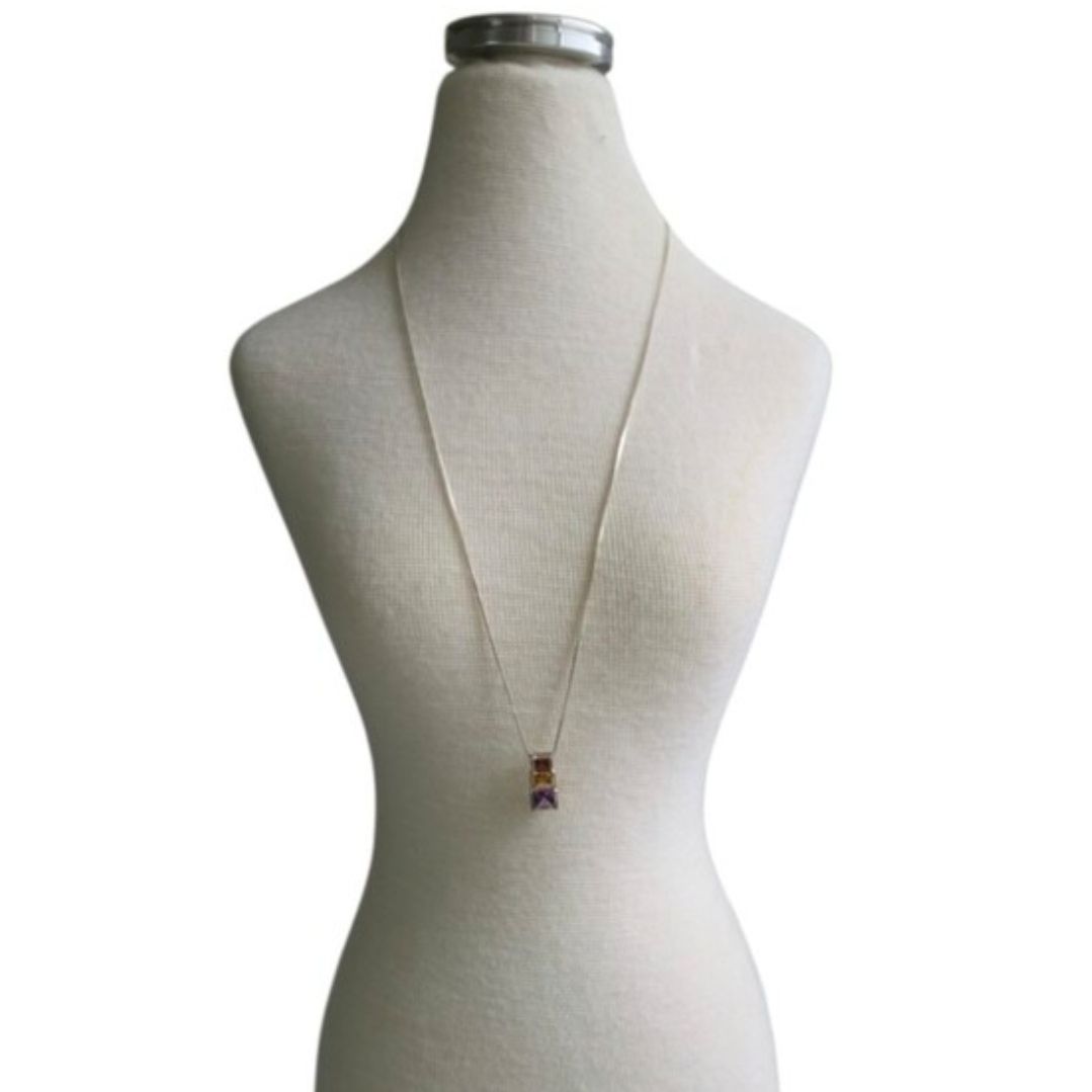 Vtg Sterling Silver Gemstone Trio Pendant Necklace Garnet, Gold Topaz, Amethyst