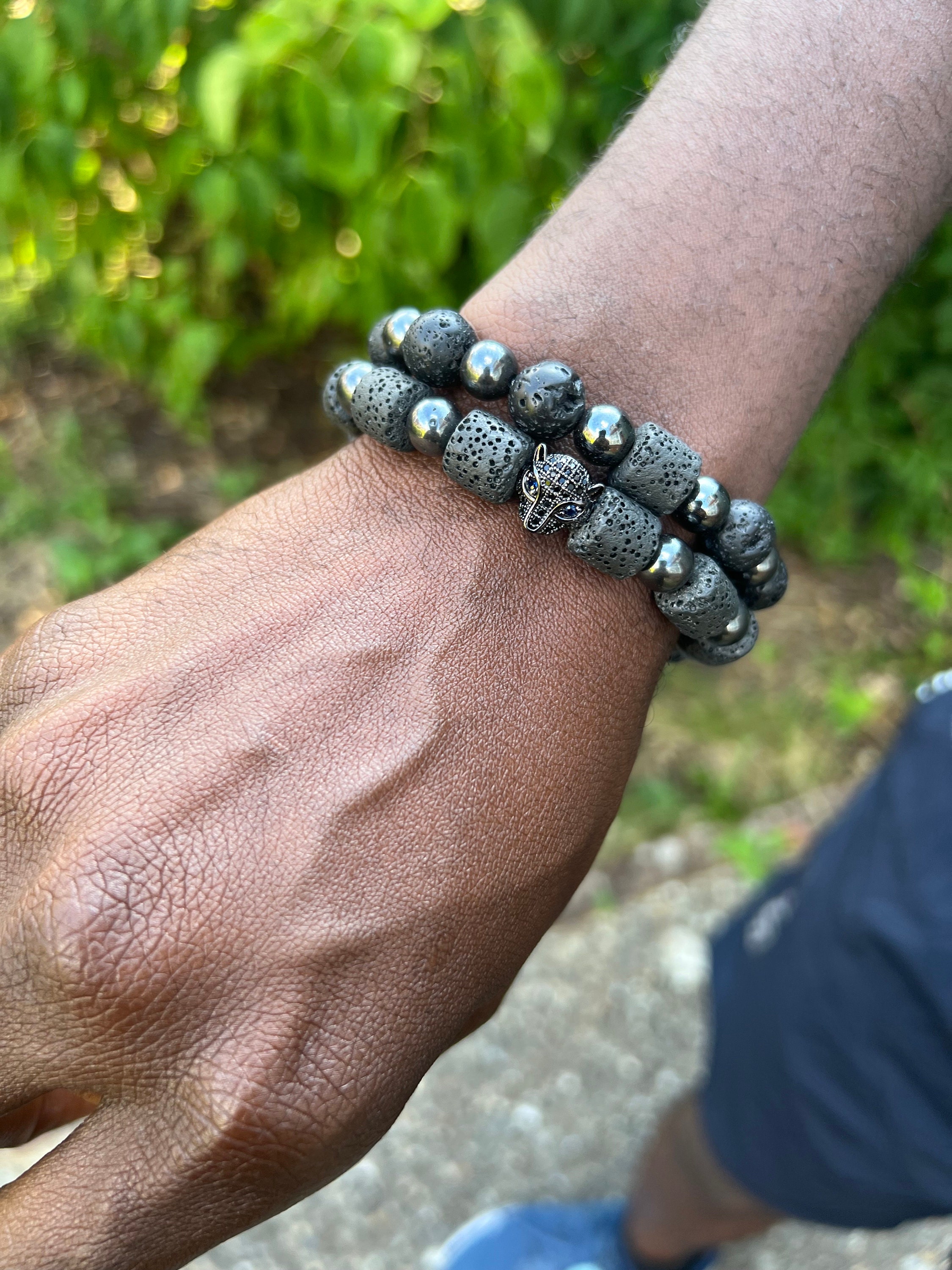Leopard Head Lava Bead Bracelet Set: Unisex Elastic Bracelet, boyfriend, Father’s Day gift view 5