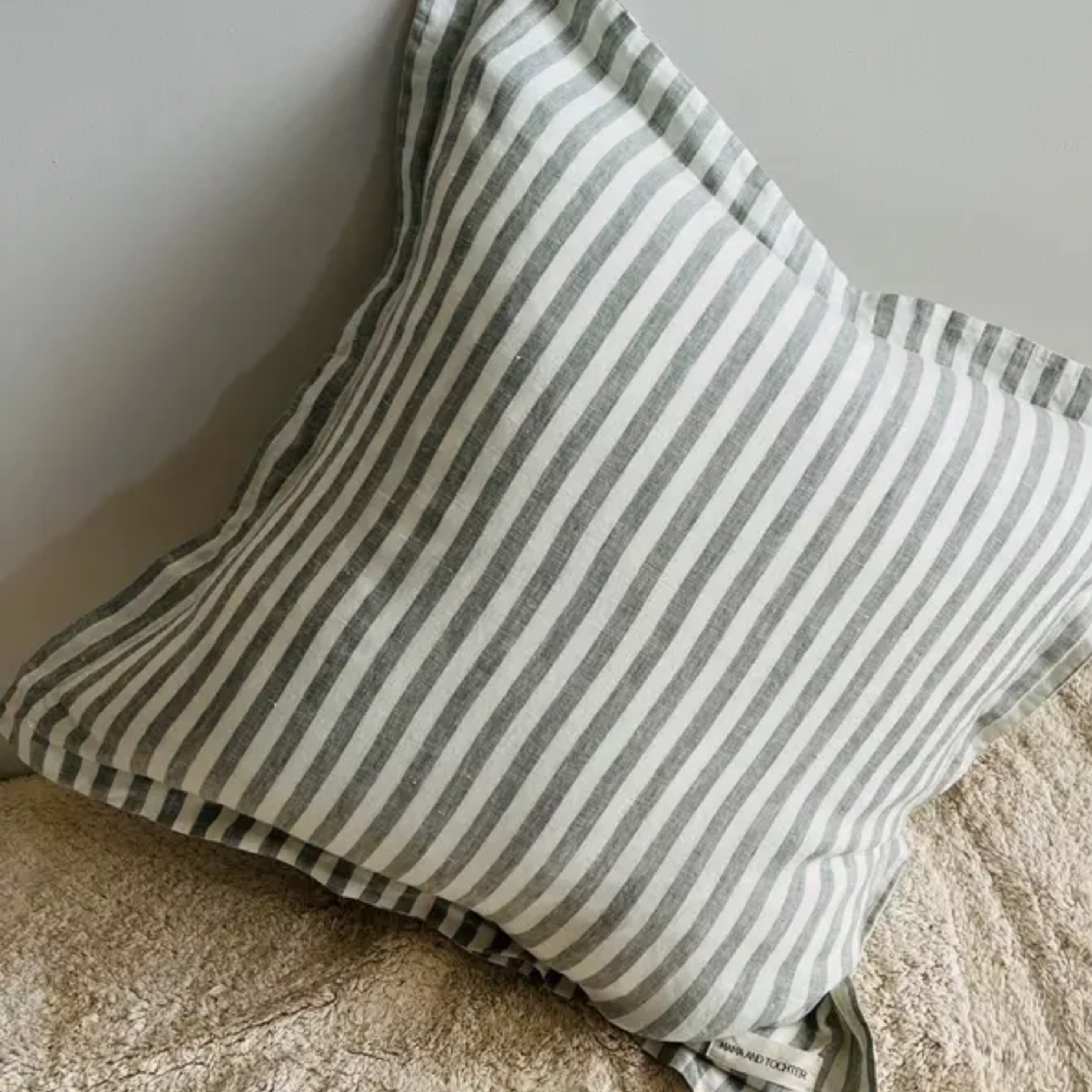 Pure French Linen Cushion Cover with Flange Detail - Sage Stripe