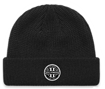 Black Mollymook Surf Life Saving Club beanie with an embroidered circular club logo.