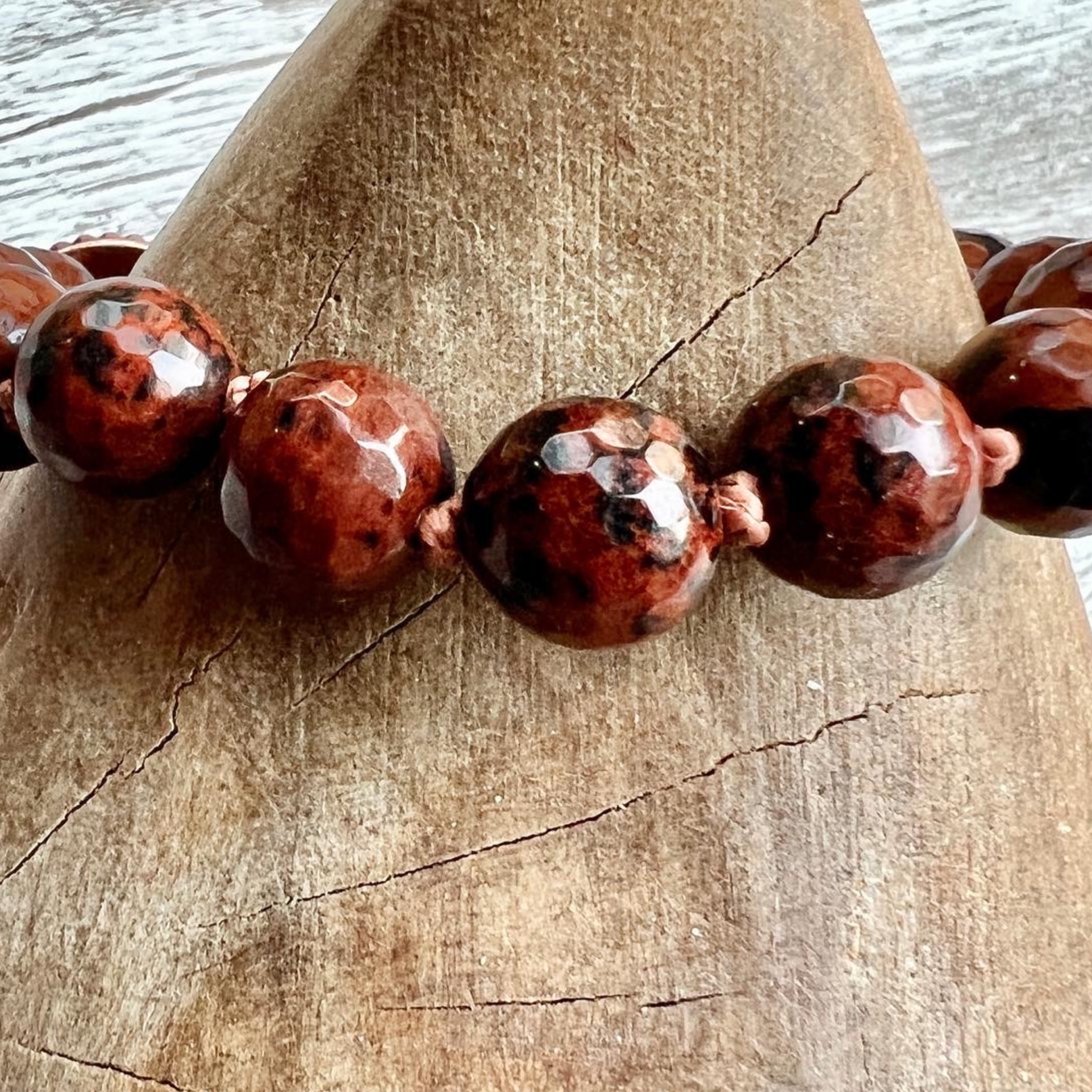 Faceted Mohagany Obsidian Knotted Bracelet with Copper TierraCast Button