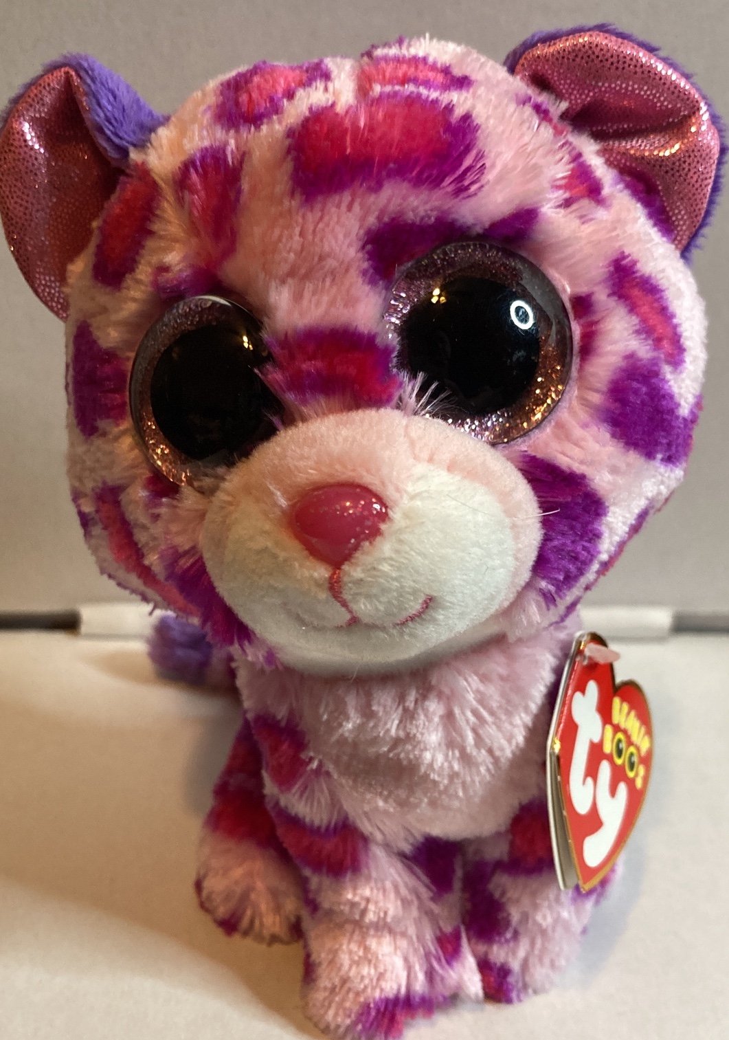 TY Beanie Boo Pink GLAMOUR Satin Pink Ears Big Pink Eyes Purple and Pink spots