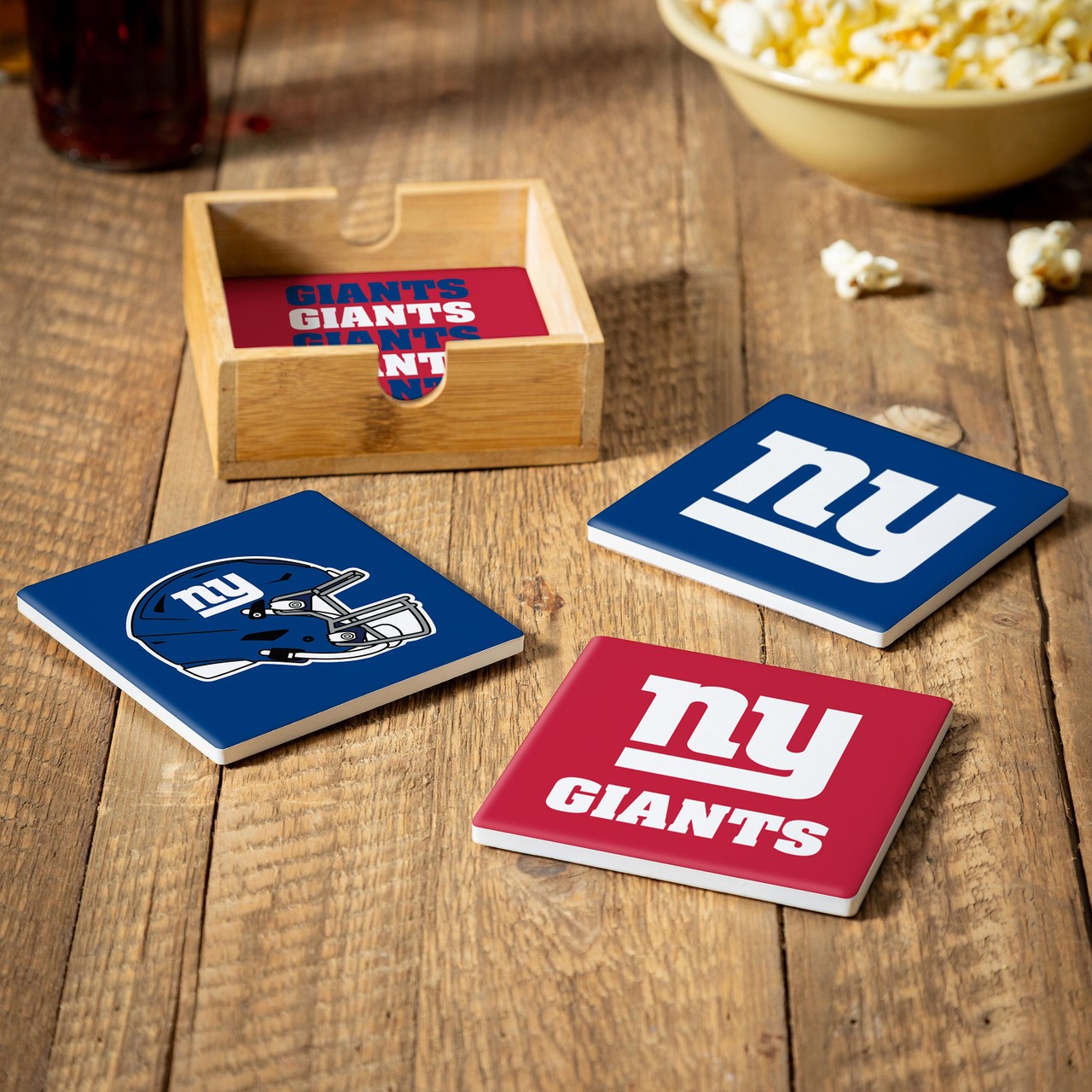 New York Giants 4 Piece Coaster Set with Wood Caddy