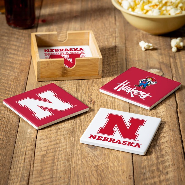 Nebraska Huskers 4 Piece Coaster Set with Wood Caddy
