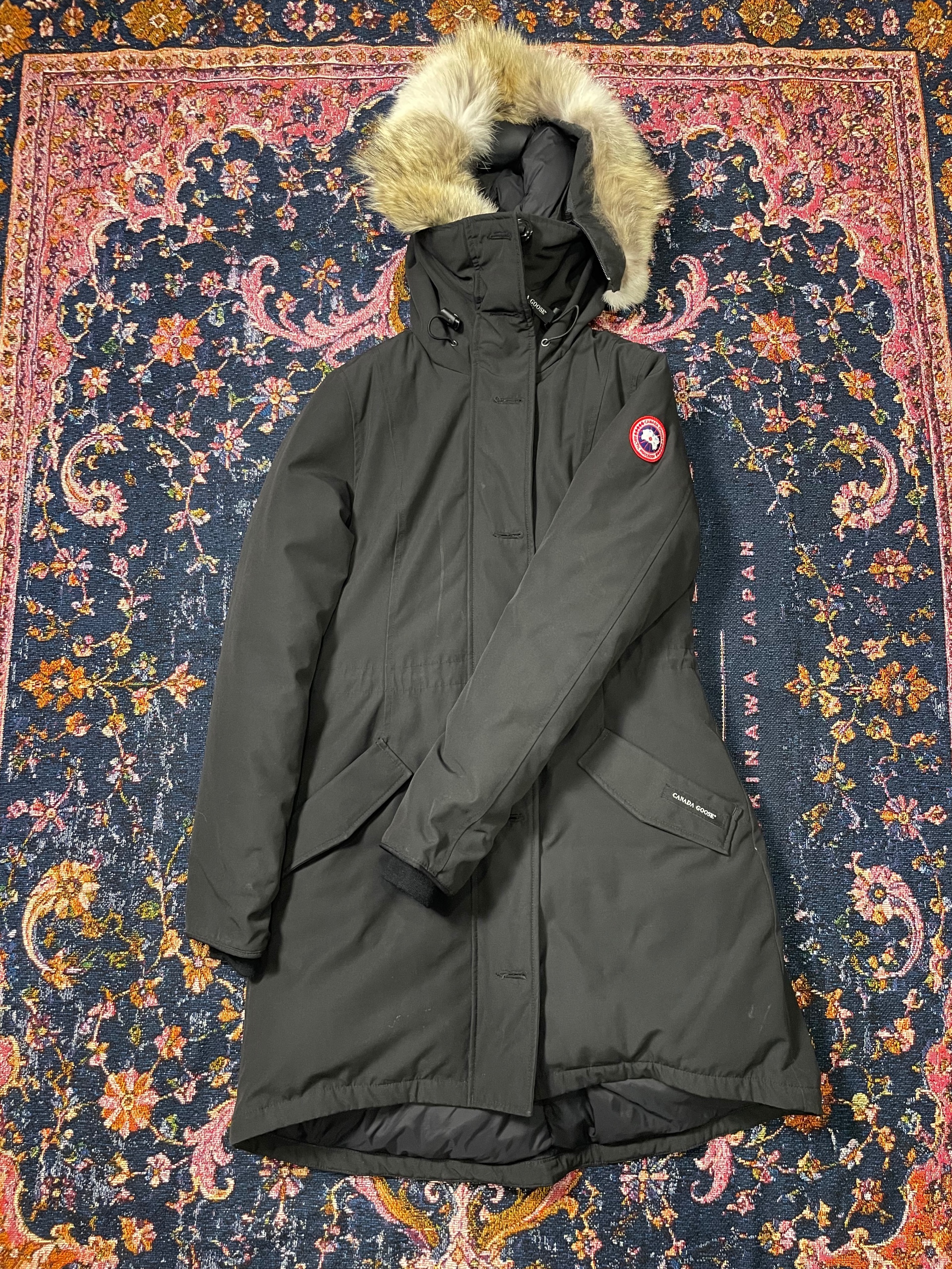 Canada Goose Black Long Parka Jacket Fur Trim Hood ( USED )