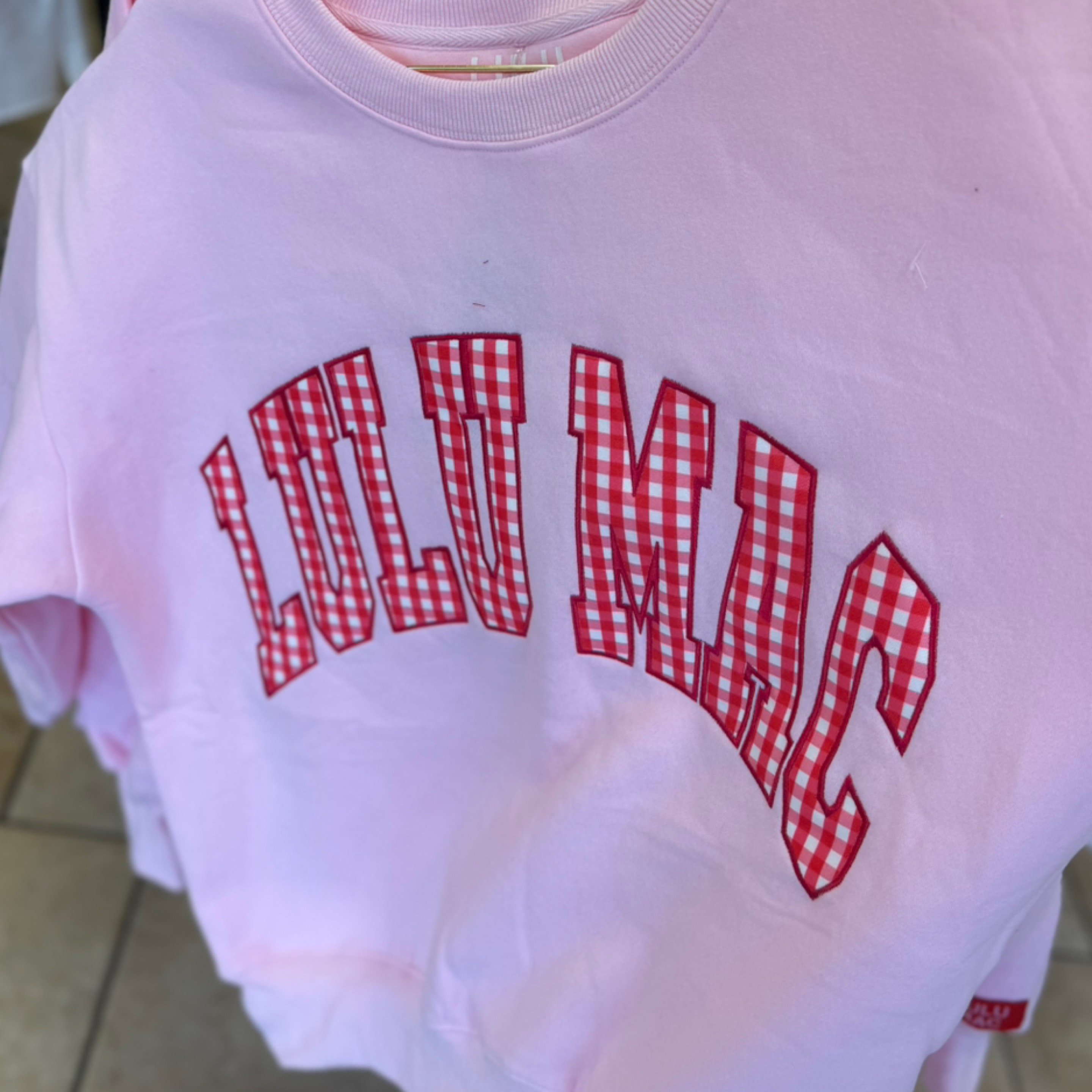 LuluMac sweatshirt pink/red gingham stitch — Bama Tan boutique, Tuscaloosa AL