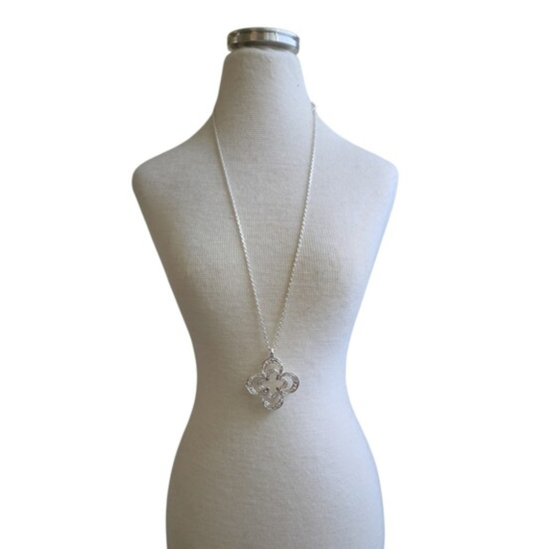 Silver Toned Clover Pendant Necklace 21"