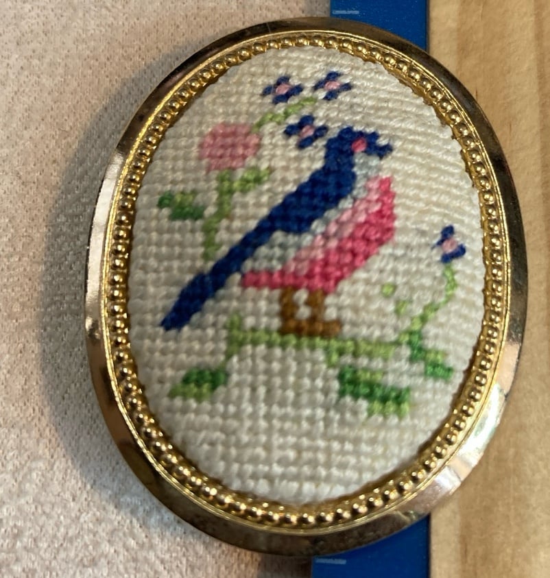 Vintage Needlepoint Brooch Bluebird and Floral design