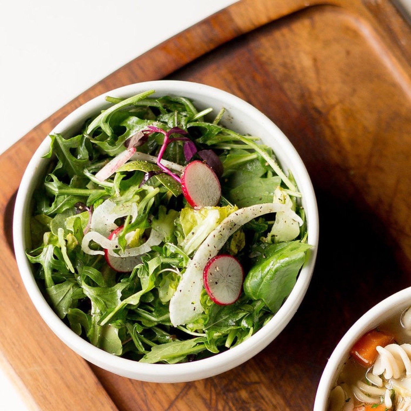 Mixed Green Side Salad — Organic steadfast mixed greens, shaved fennel-radish, red wine vinaigrette