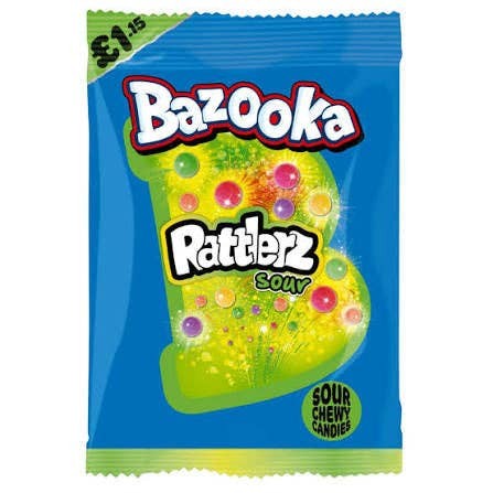 Bazooka UK Rattlerz SOUR Filled Chewy Candy 100g 12ct Peg Tray