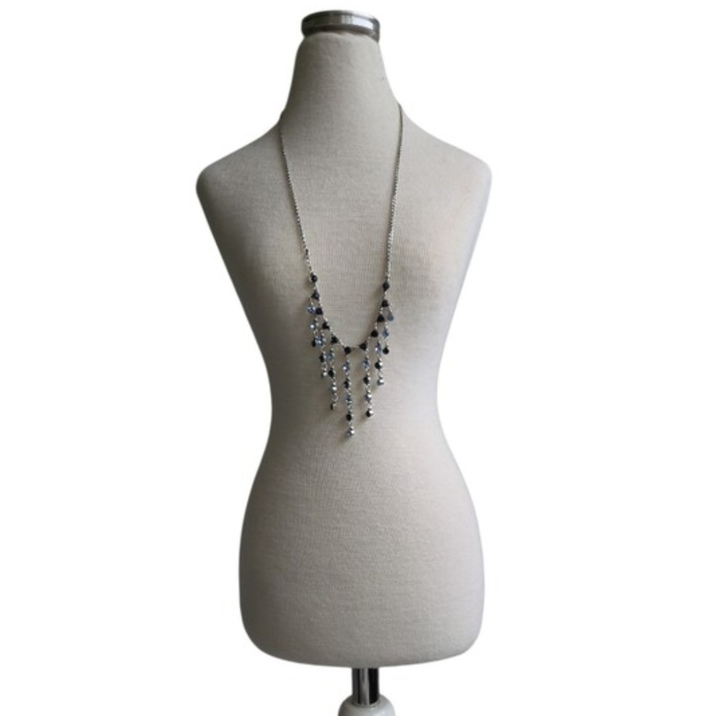 Silver Toned Necklace with Blue Crystal Drops 21"