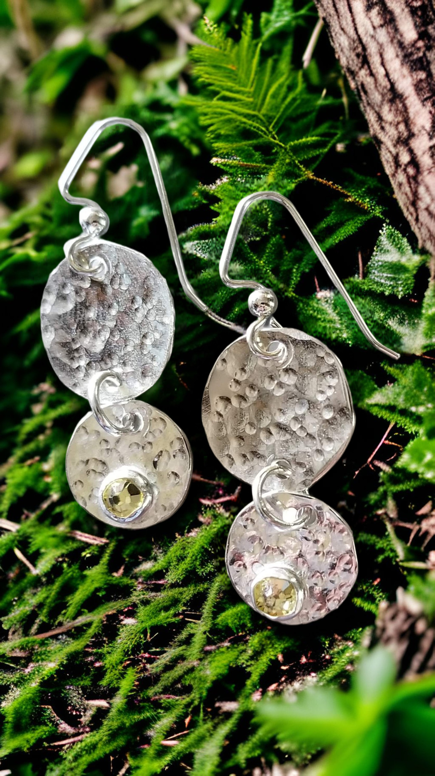 Two Hammered Disc with one Gem Earrings by Moss Creek Art
