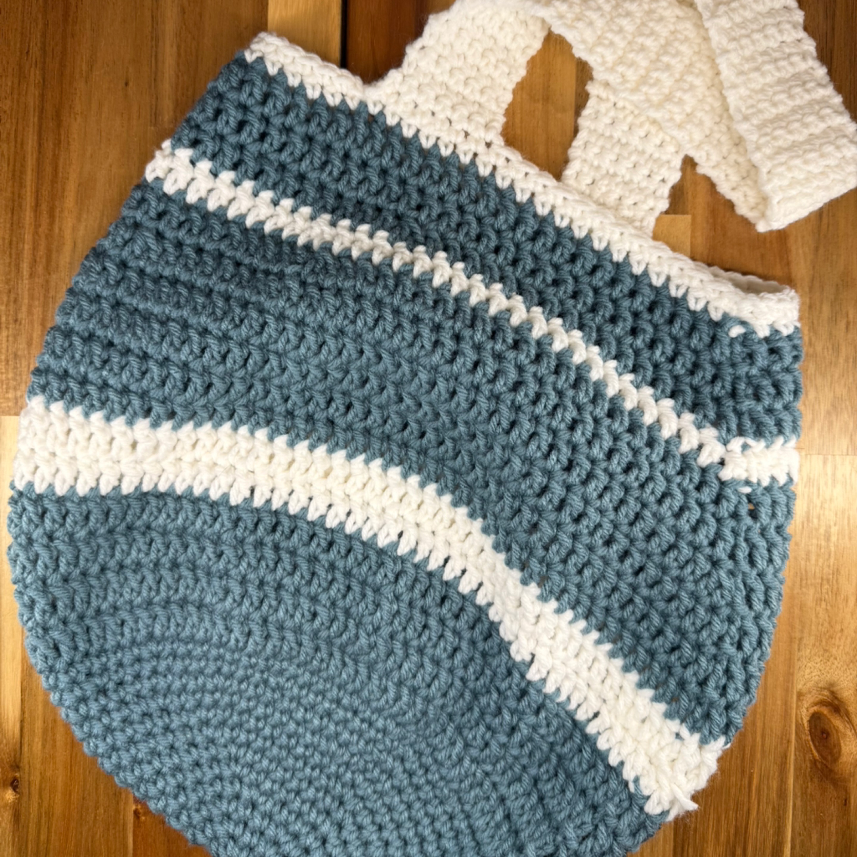 Crochet Market Bag – Dusty Blue & Cream Striped Tote