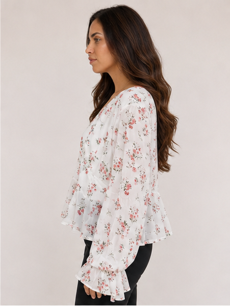 Plus Size Floral Chiffon V Neck Long Sleeve Peplum Blouse