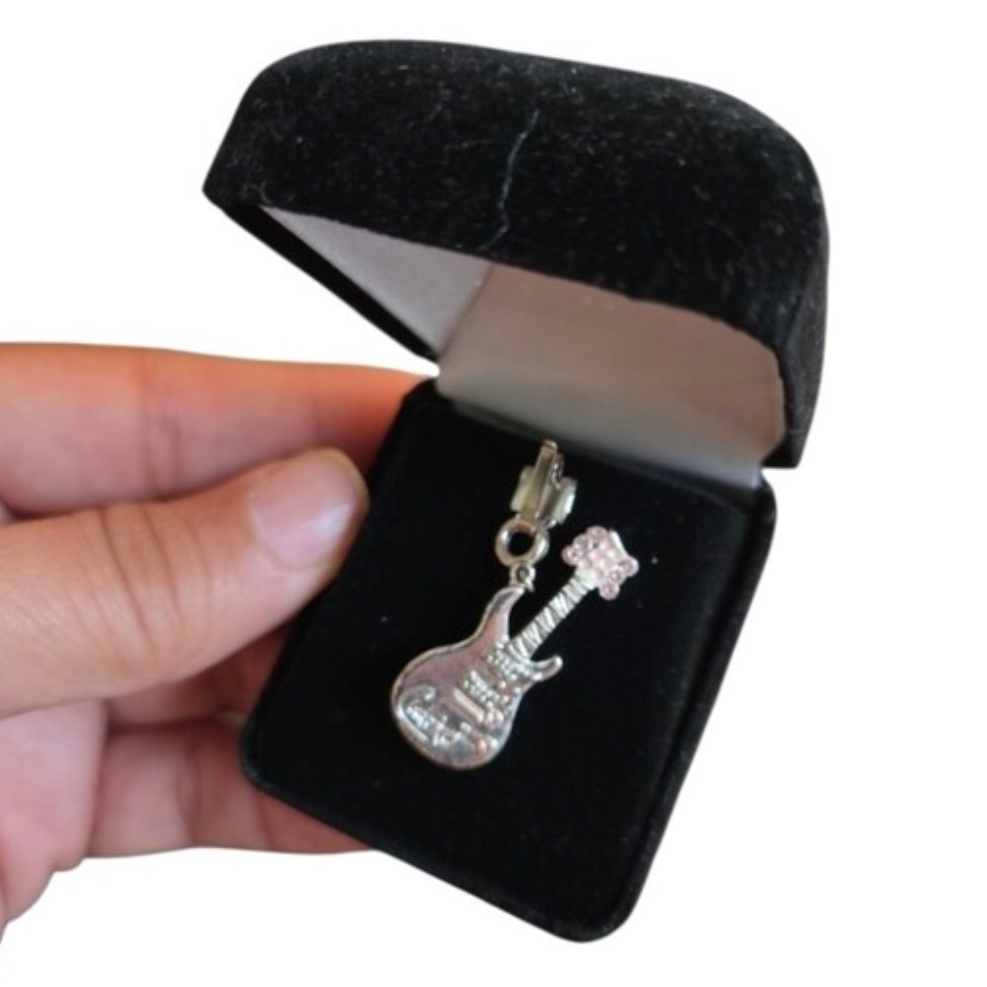 Vintage Dillards Tarnished Silver Toned Pink Rhinestones Guitar Charm Pendant
