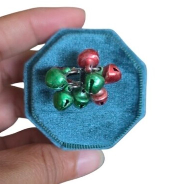 Size 7.5 Silver Toned Festive Red & Green Jingle Bell Adjustable Ring