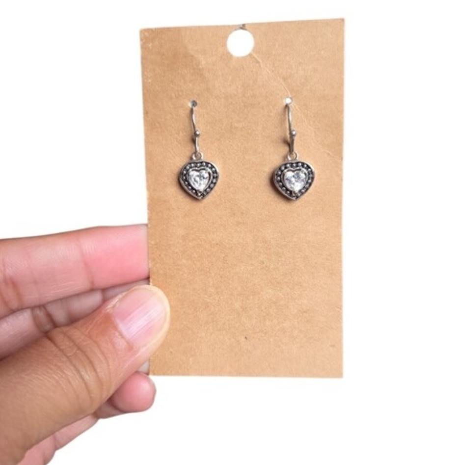 Silver Toned Heart Drop Earrings with Clear Crystal Accent 1"