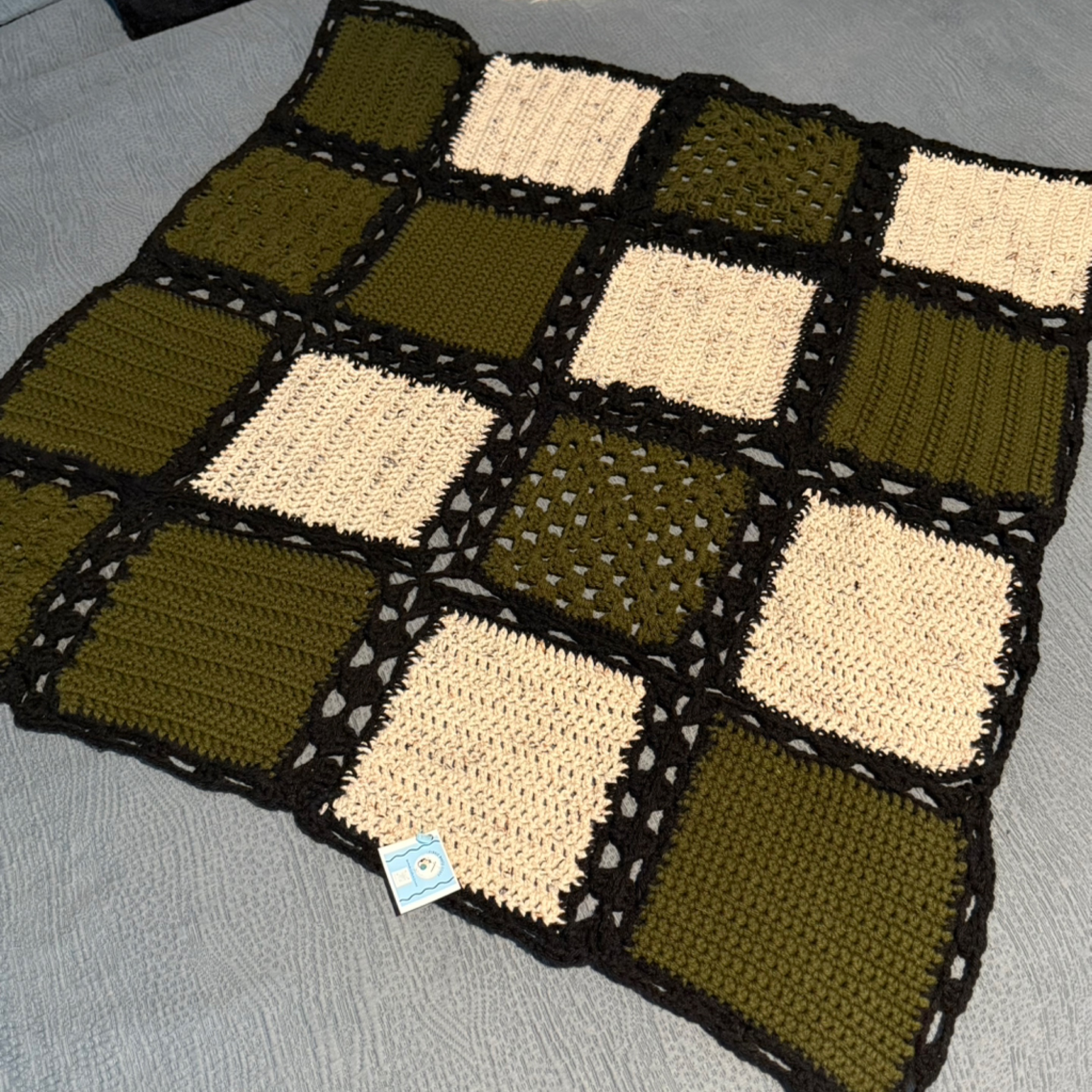 Olive & Cream Granny Square Throw (36” x 36”)