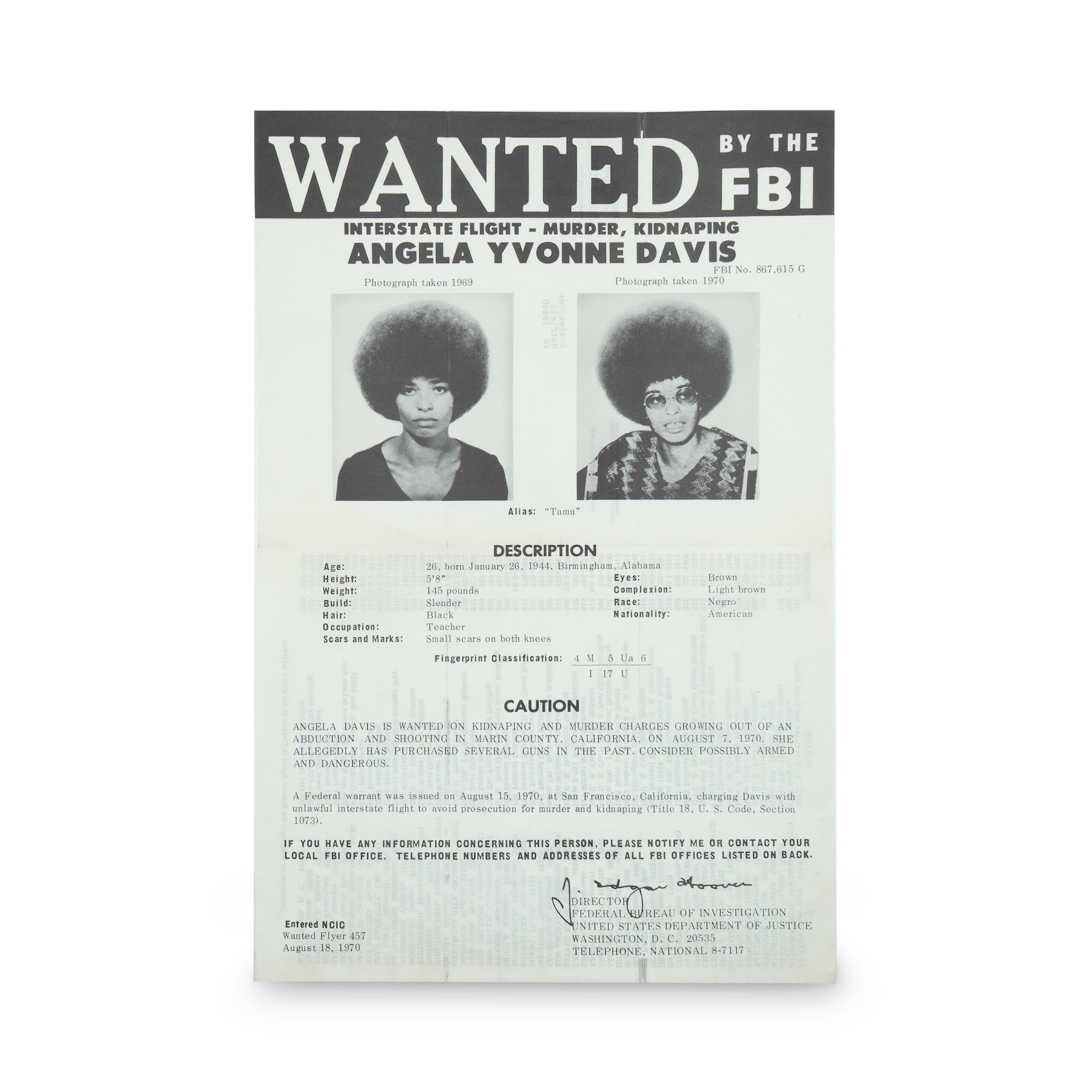 Angela Davis -- 1970 FBI Wanted Poster [Ephemera]