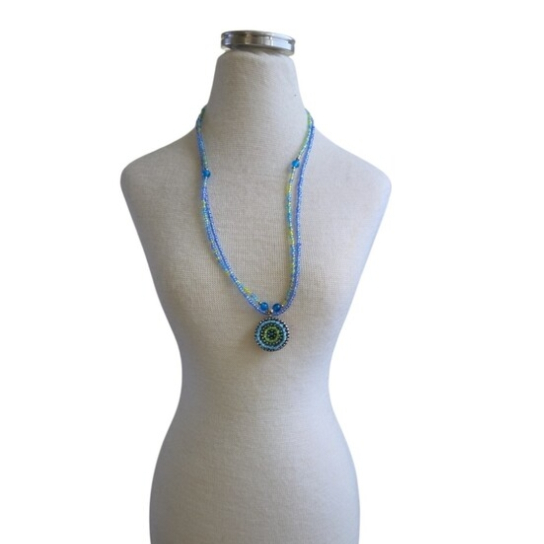 Handcrafted Blue & Green Beaded Pendant Necklace 17"