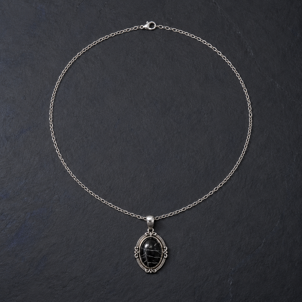 Real Spider Web Cabochon in Antique Silver Mini Necklace