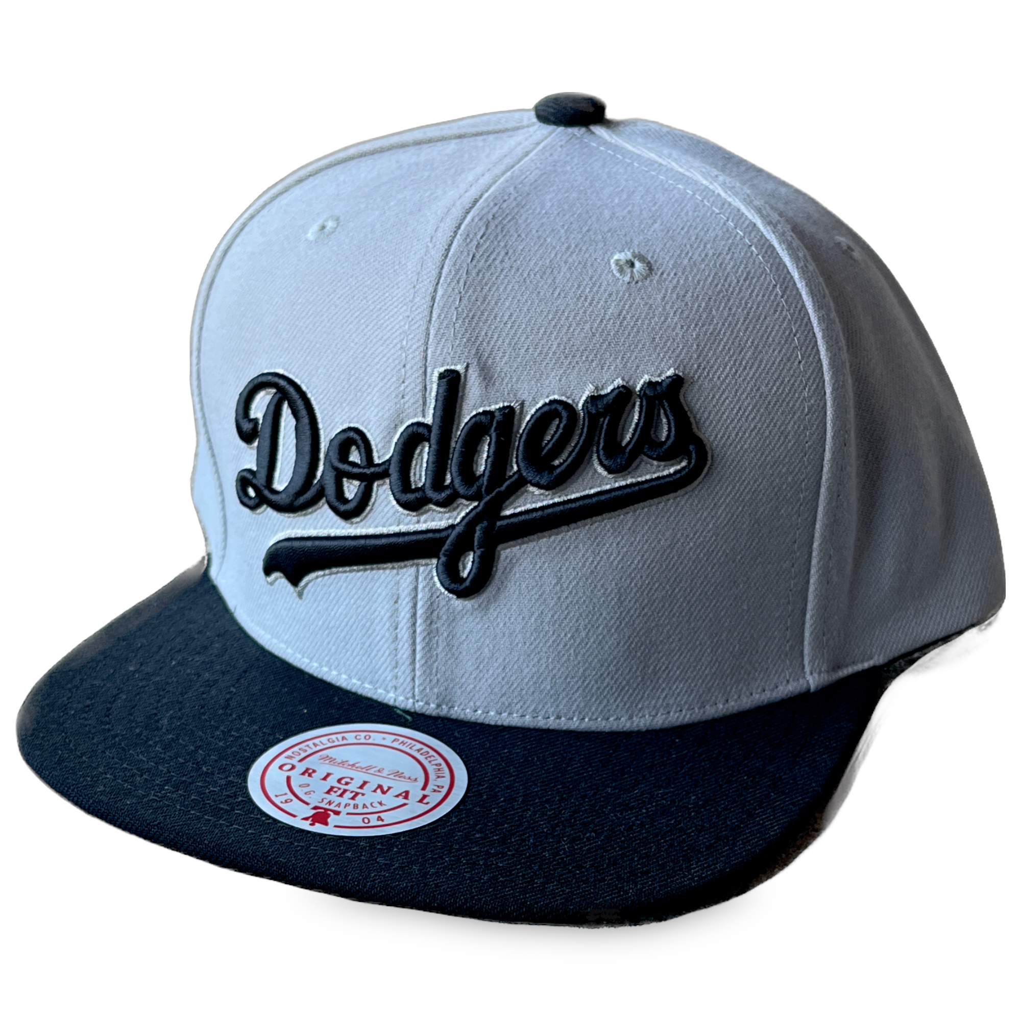 Los Angeles Dodgers Grey/Black Mitchell and Ness Script Snapback Hat