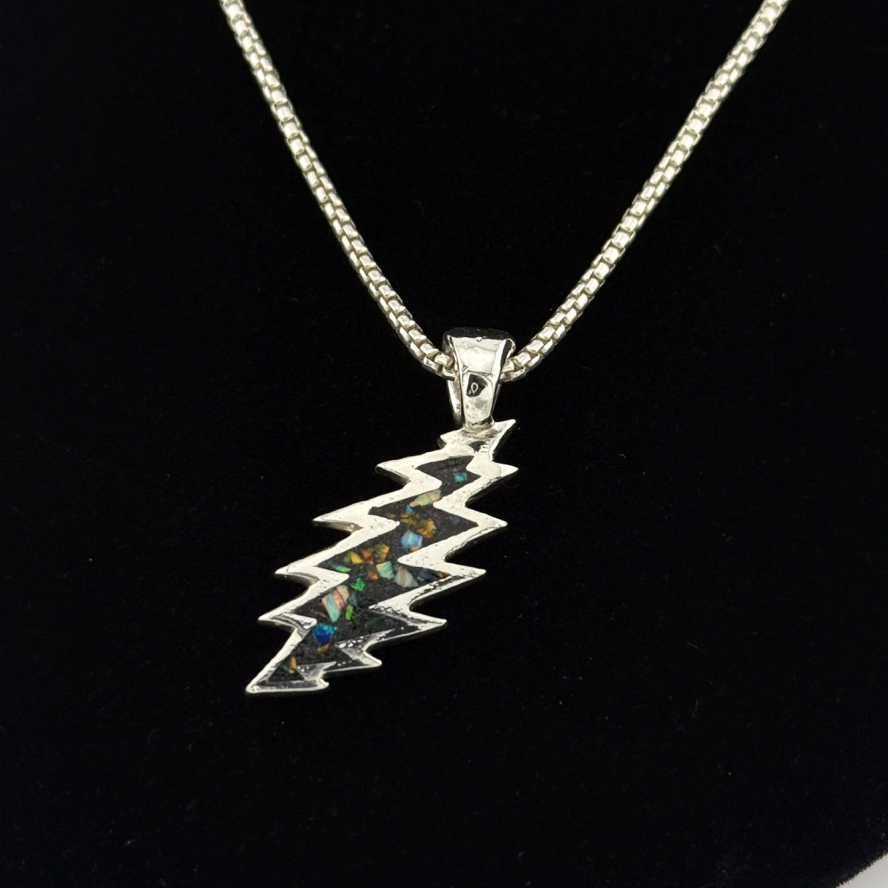 13-Point Lightning Bolt Pendant – Black Tourmaline & Opal Inlay, Sterling Silver