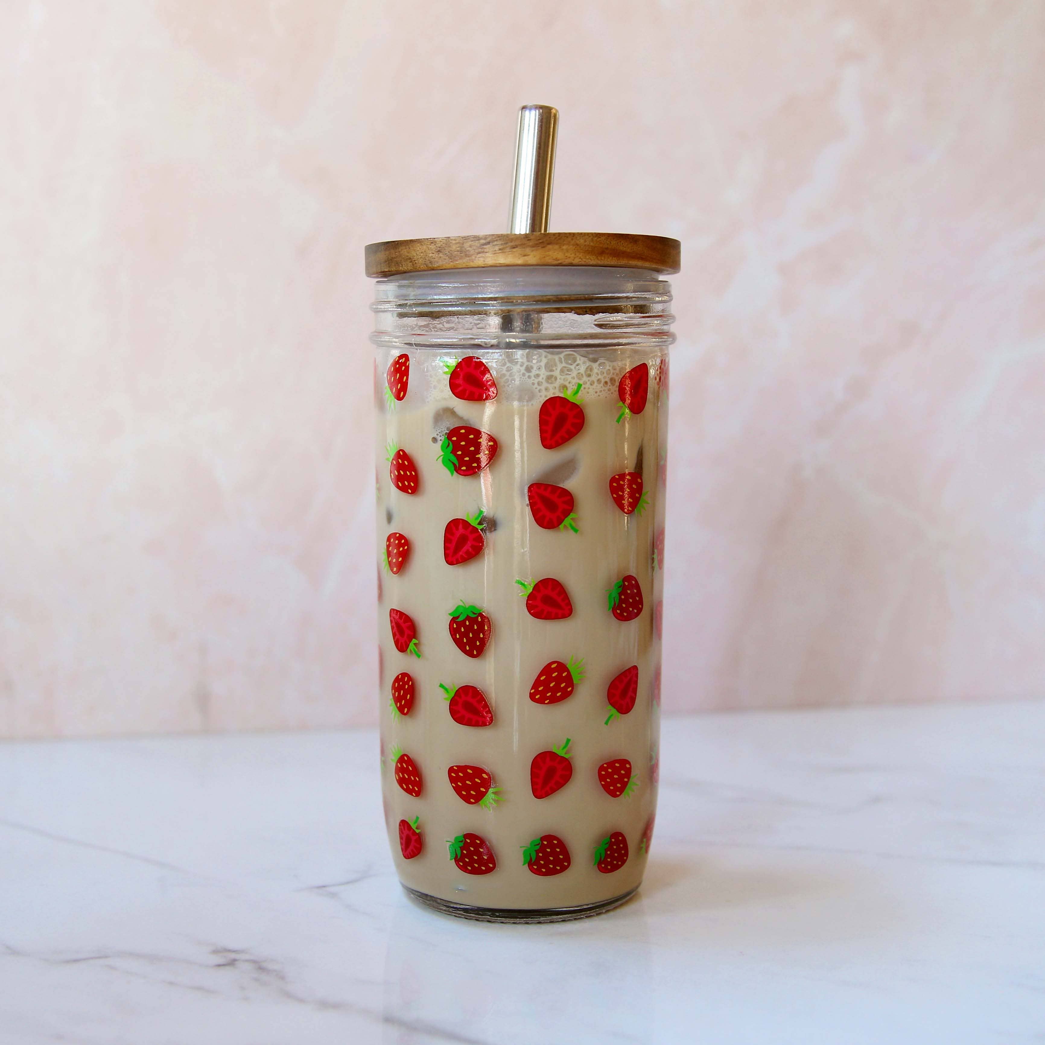 Forest Cove Home - Strawberry 22 oz Glass Tumbler + Acacia Lid