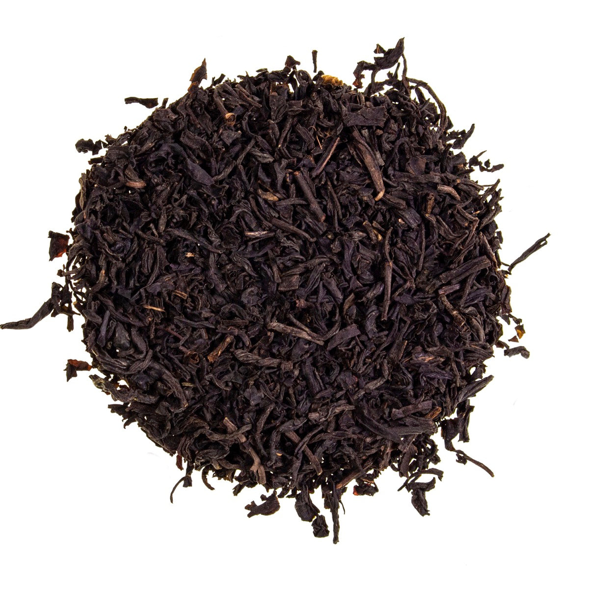 Loose-leaf Russian Caravan tea from Adore Tea, featuring dark, smoky black tea leaves with a bold, full-bodied aroma, displayed on a light surface