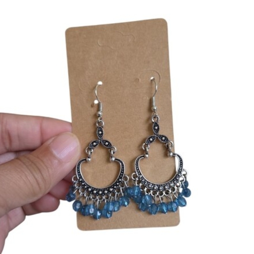 Boho Silver Toned Hoop Earrings with Blue Beads 2.5" New