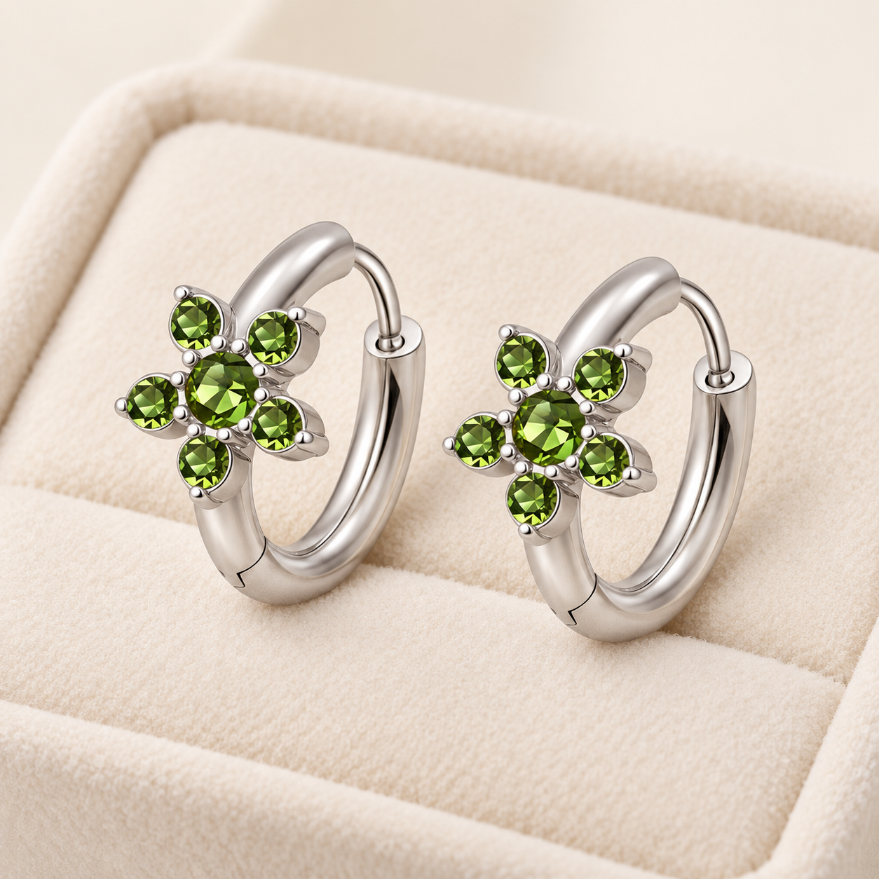 304 Stainless Steel Green Rhinestone Flower Huggie Hoop Earrings