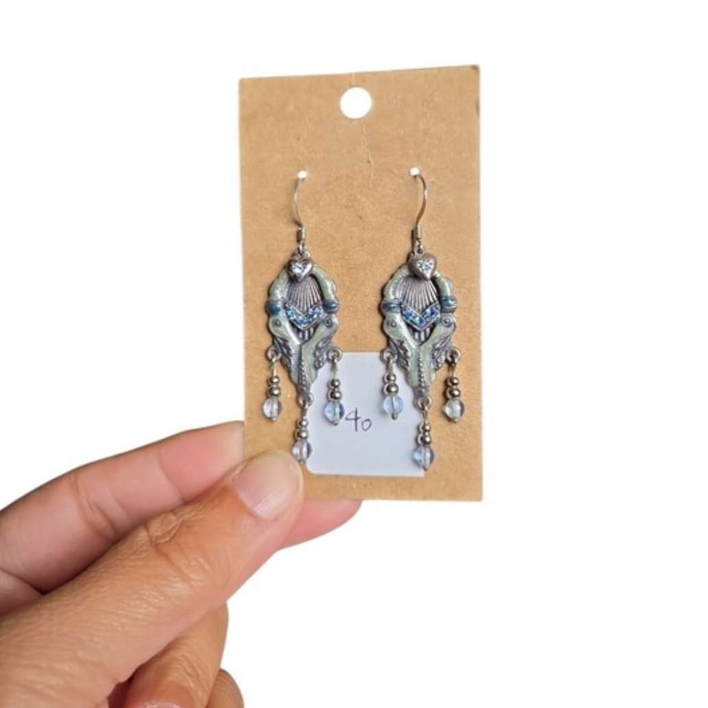 Vintage Silver-Tone Green Enamel Blue Beads Dangle Earrings 2.5"