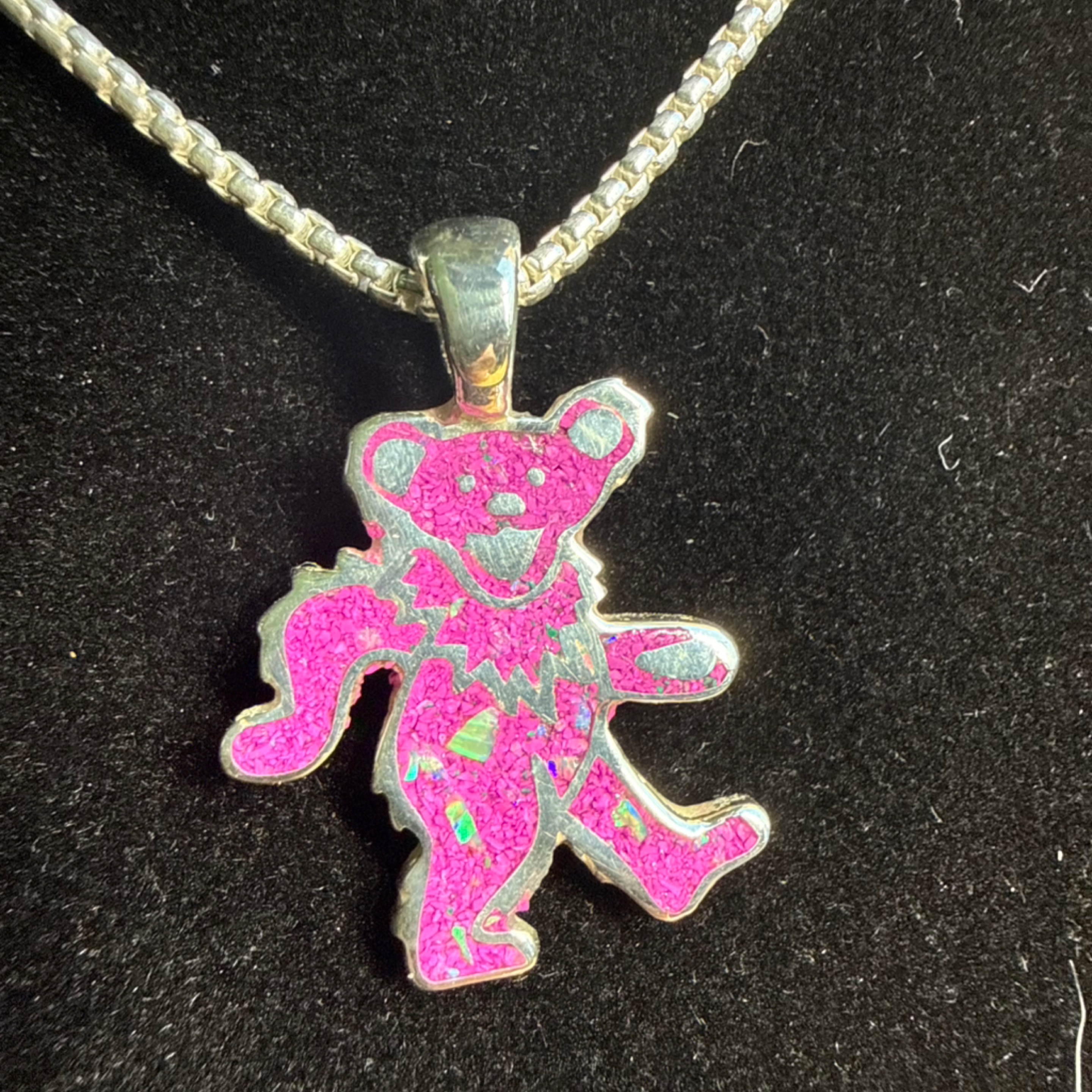 Dancing Bear Pendant – Pink Opal Inlay, Sterling Silver