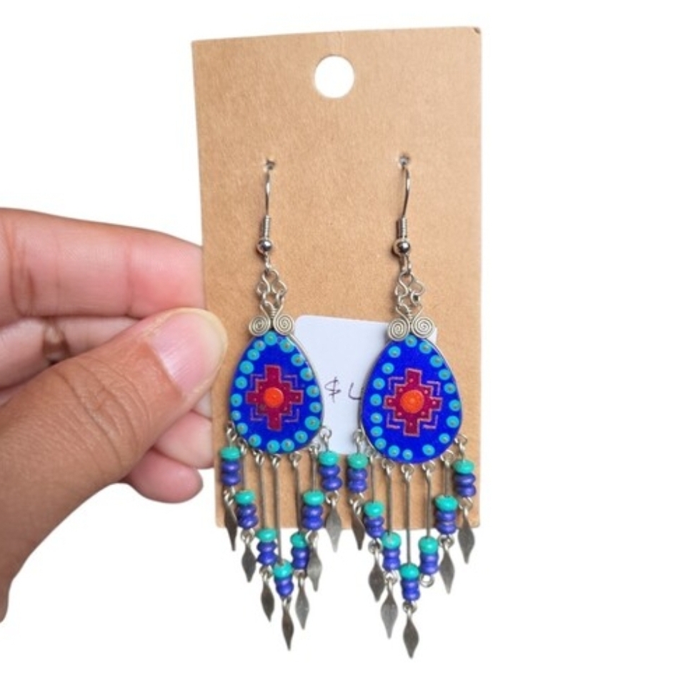 Silver Toned Blue Red Teardrop Beaded Dangle Earrings 4"