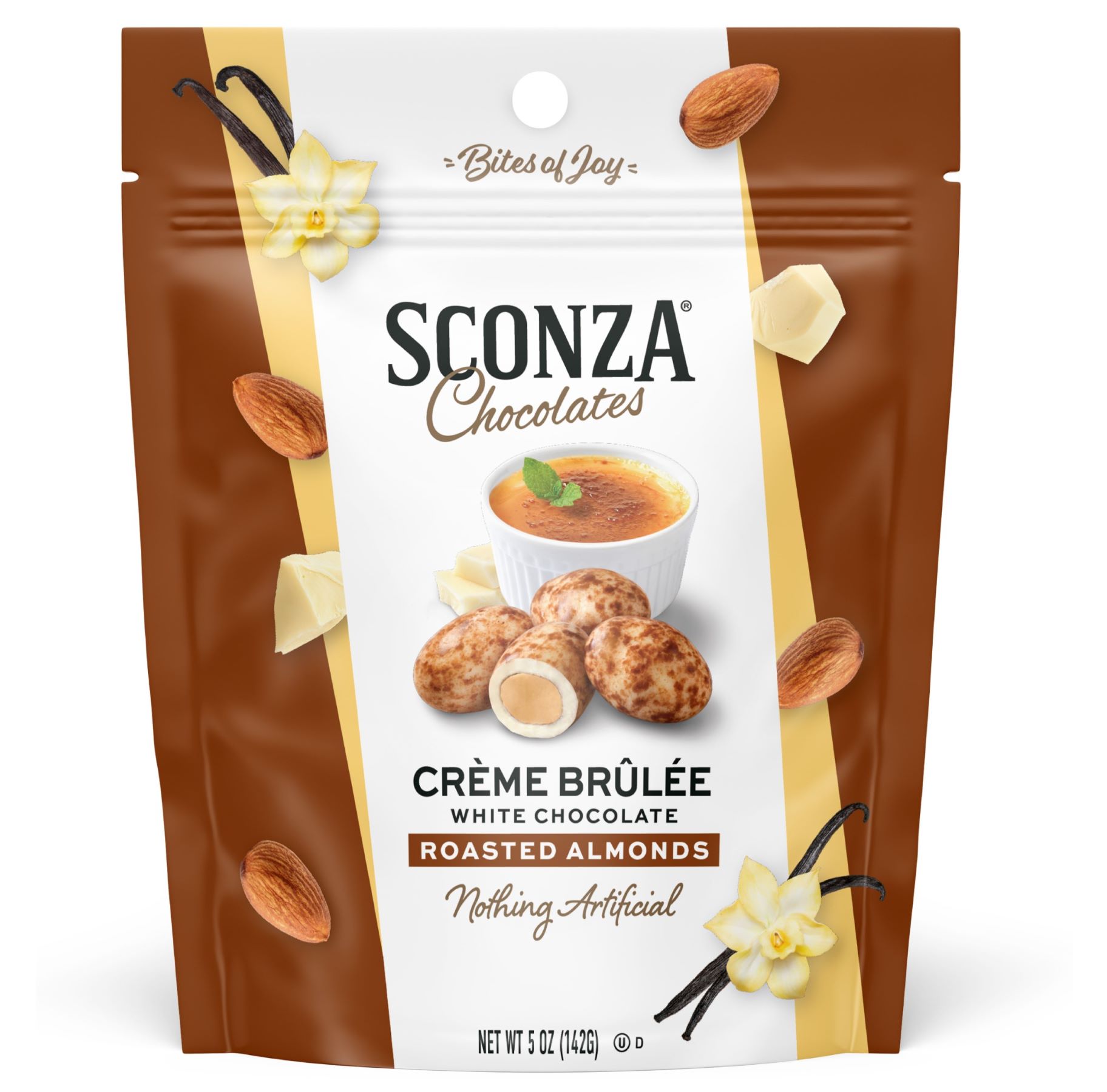 Sconza Creme Brulee White Chocolate Almonds 5 oz 6 ct Peg Bags