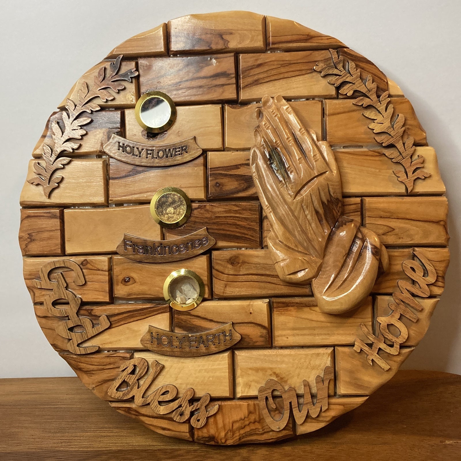 Hanging Plaque God Bless Our Home Olive Wood