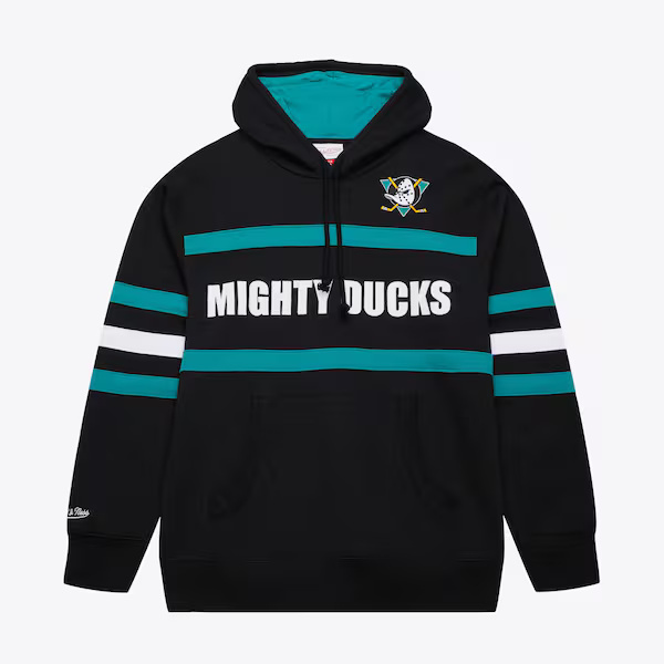 Anaheim Ducks Retro Black/Teal Script Mitchell and Ness Hooded Sweatshirt
