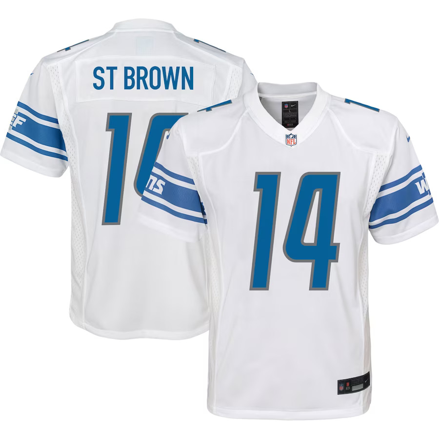 Detroit Lions Amon-Ra St. Brown #14 Nike Kids White Jersey