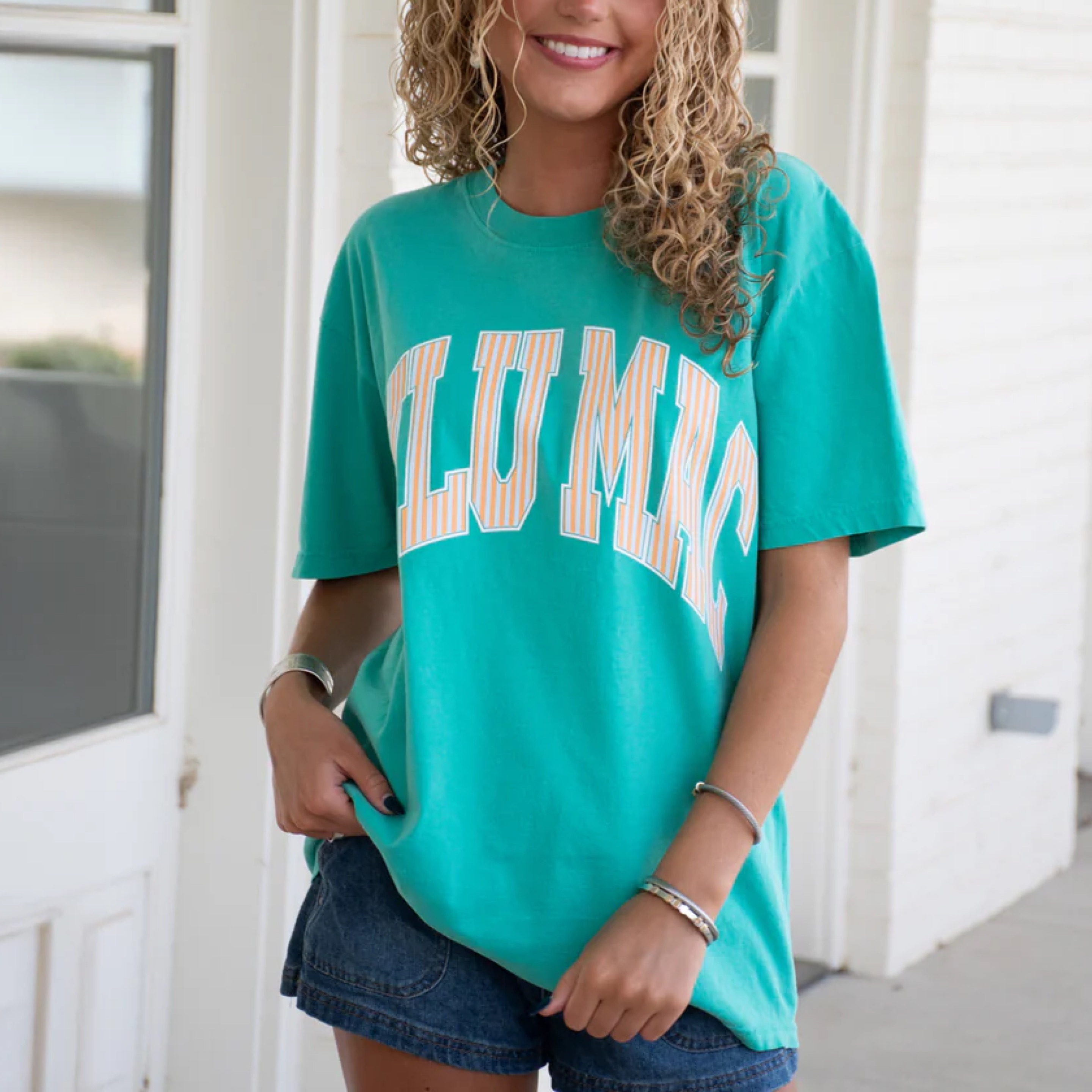 LuLuMac t shirt green/orange stripe — Bama Tan boutique, Tuscaloosa AL