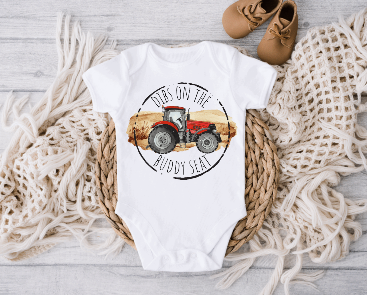 Dibs on the Buddy Seat Red Tractor Onesie