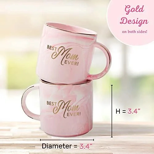 With Love Coffee Mug Best Mom Ever! Pink Marble Swirl Gold Lettering and Rim Accents Inspirational Coffee/Tea Cup for Her Birthday, Mother ' S Day, Anniversary, All Occasion
