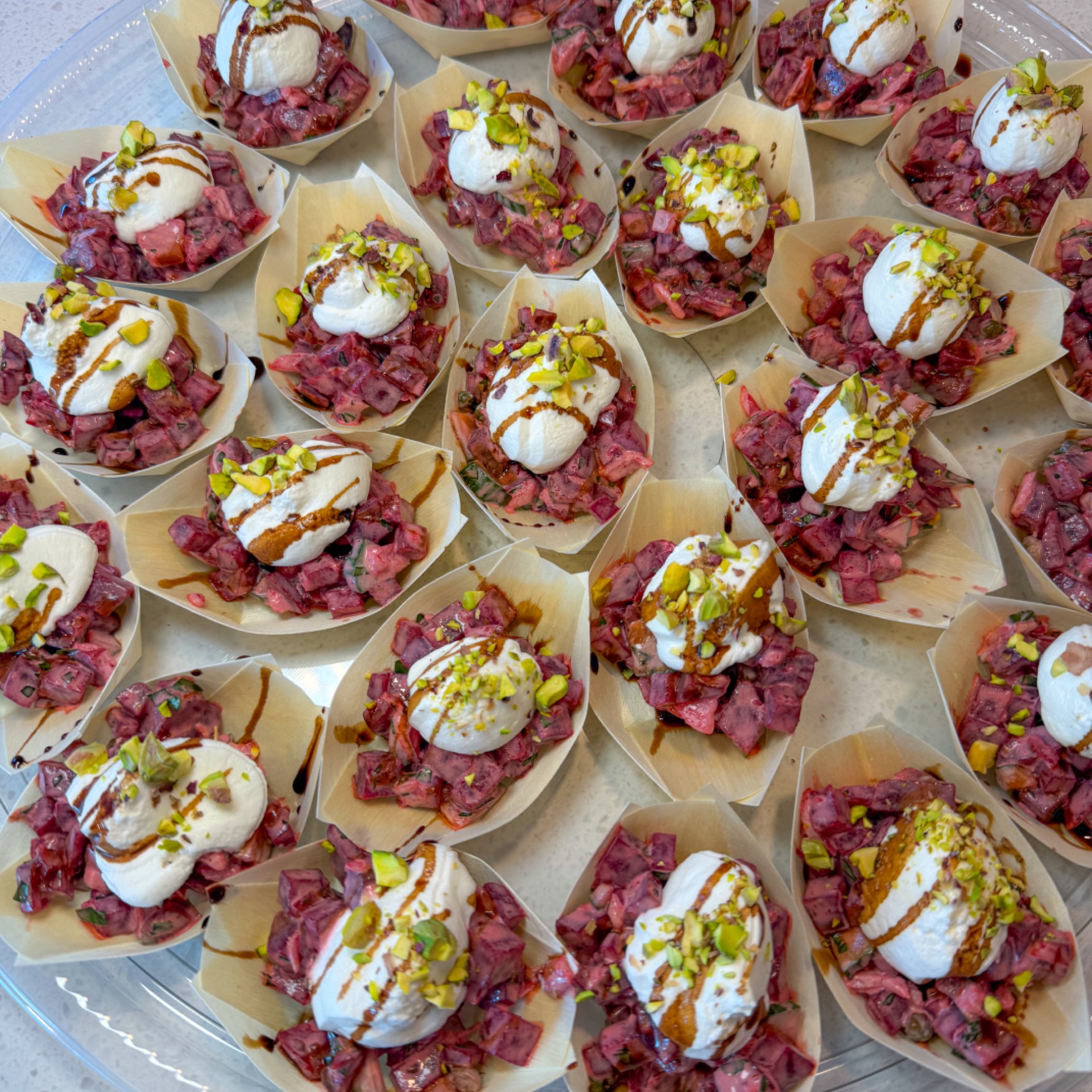 Beetroot tartare platter & whipped cream with goat cheese, honey and pistachios