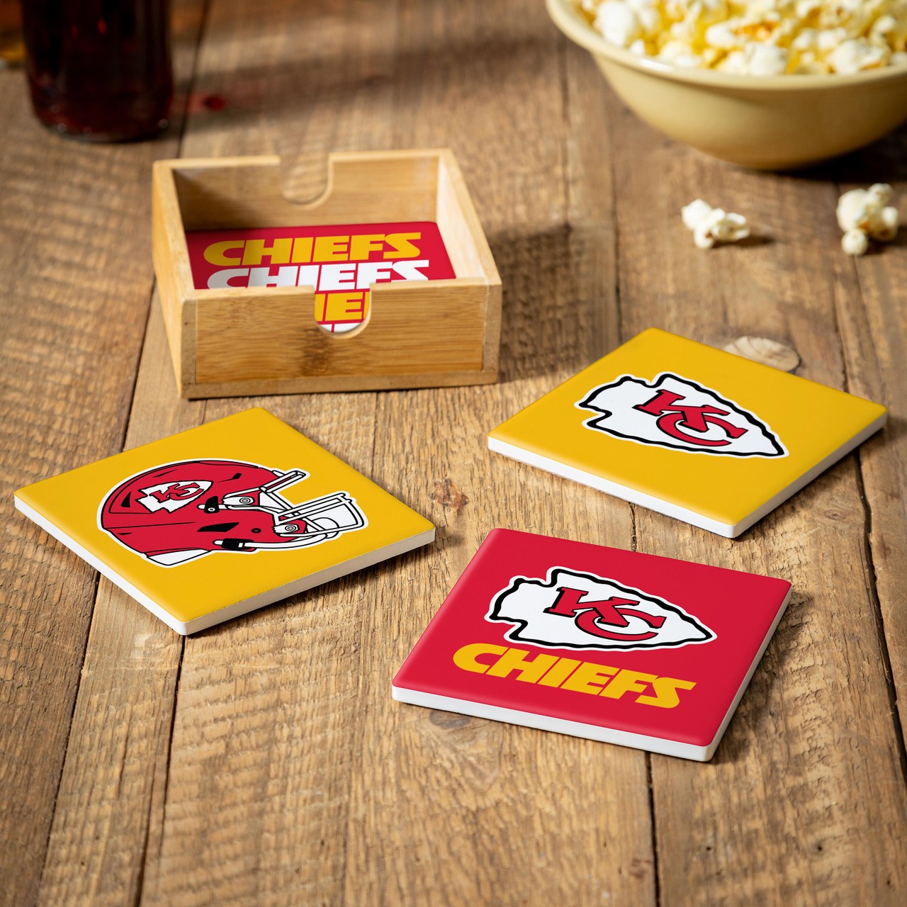 Kansas City Chiefs 4 Piece Coaster Set with Wood Caddy