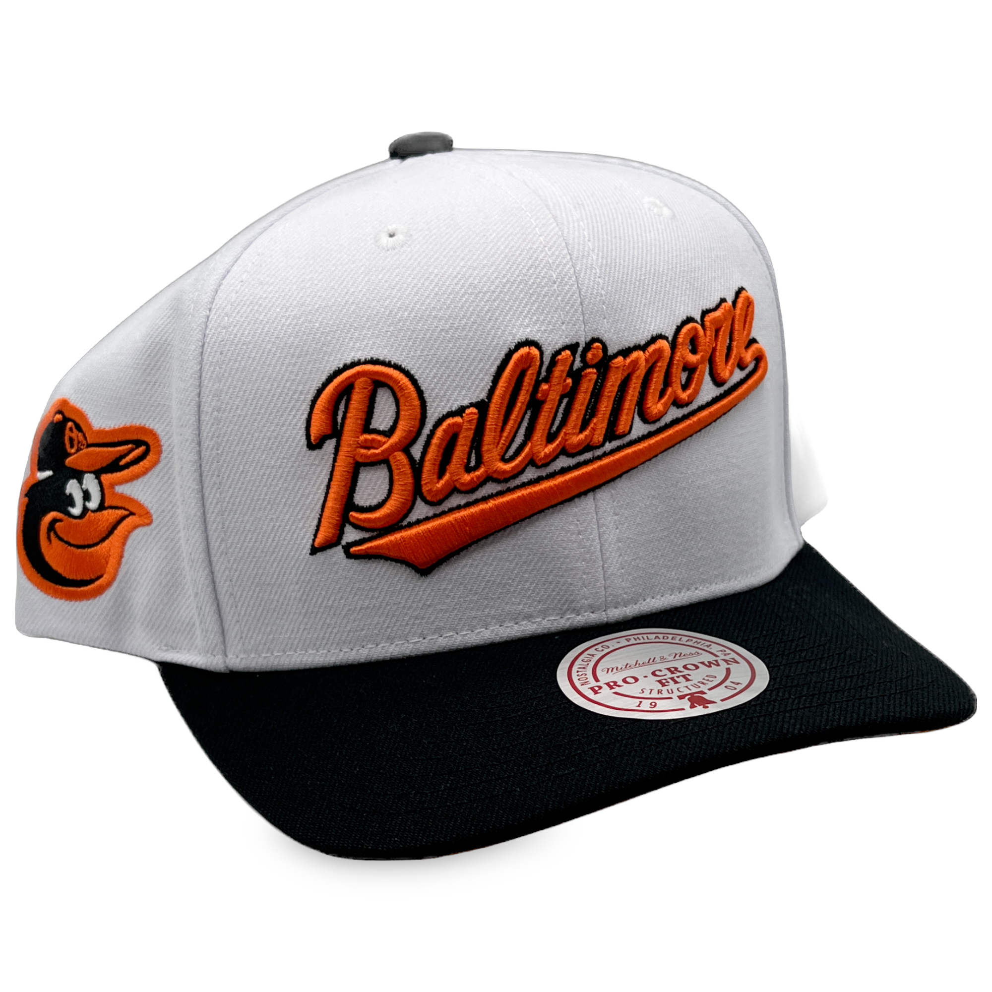 Baltimore Orioles Retro White/Black Mitchell and Ness Pro Crown Snapback Hat