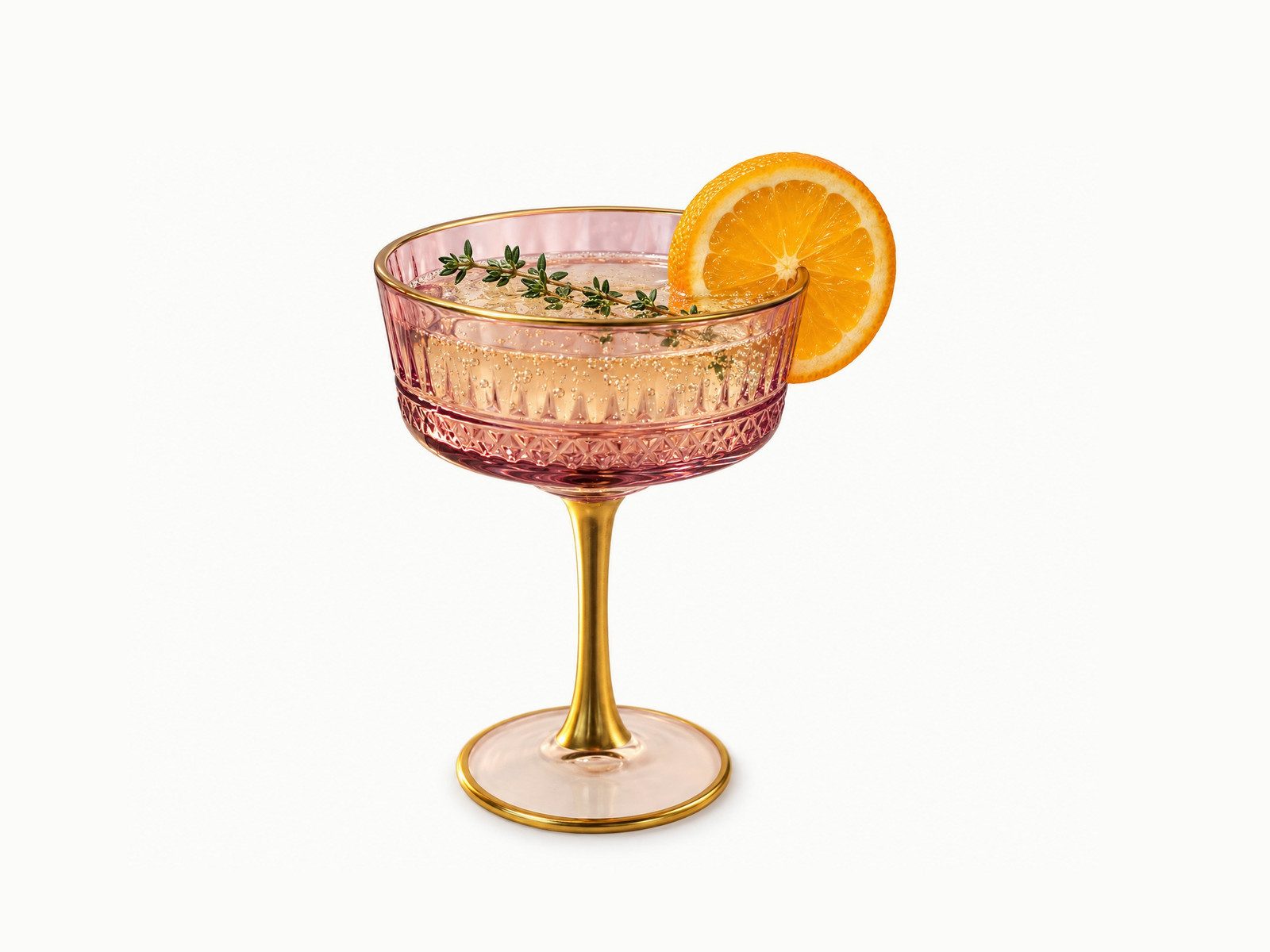Clean Co. mocktail in a pink coupe with an orange wheel and thyme