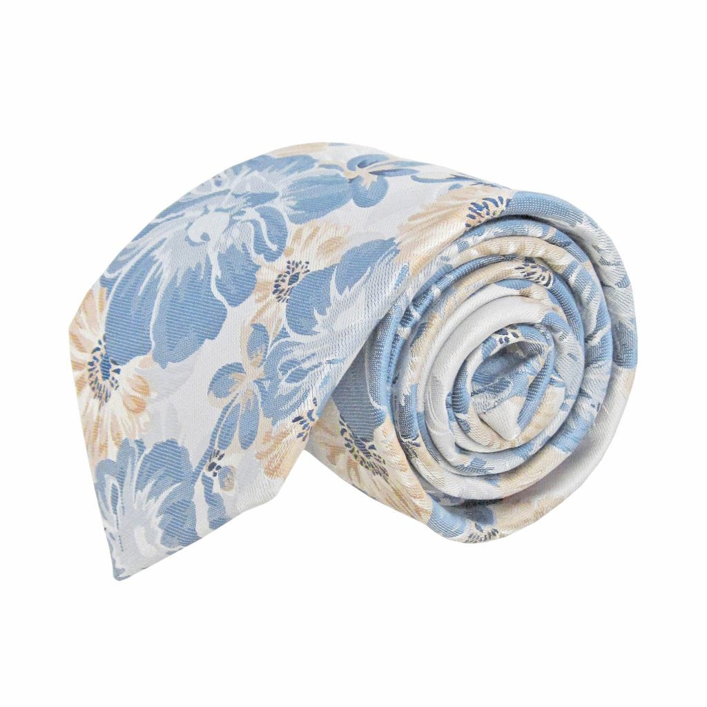59 X 3.5 Inch French Blue Silver Tan Floral Tie&Psq