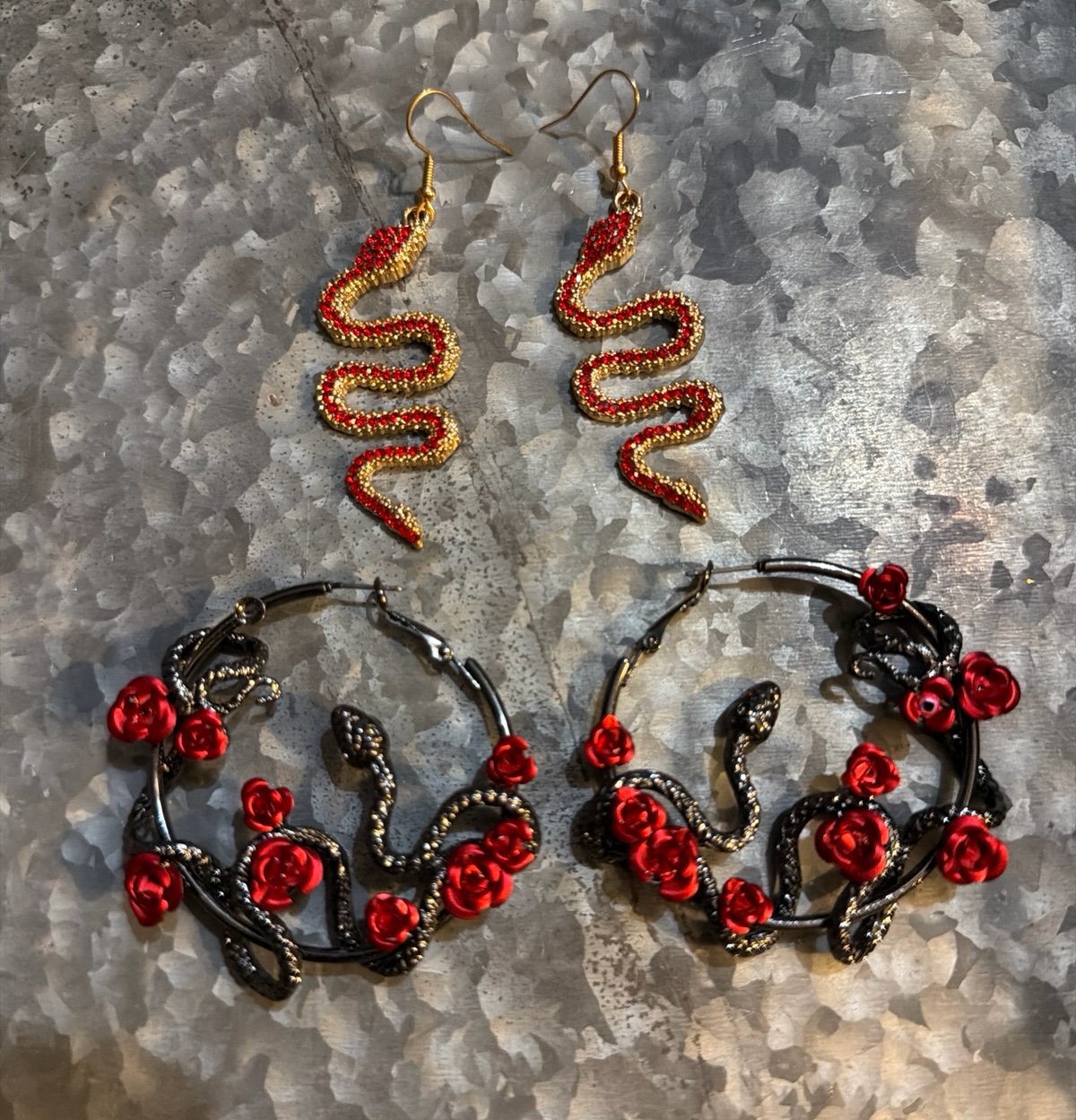 Lot of 2 Snake Earrings. Silver tone snake red roses hoops and Gold tone Red
