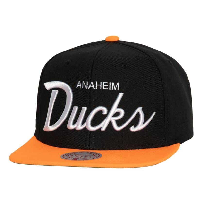 Anaheim Ducks Retro Script Mitchell and Ness Snapback Hat