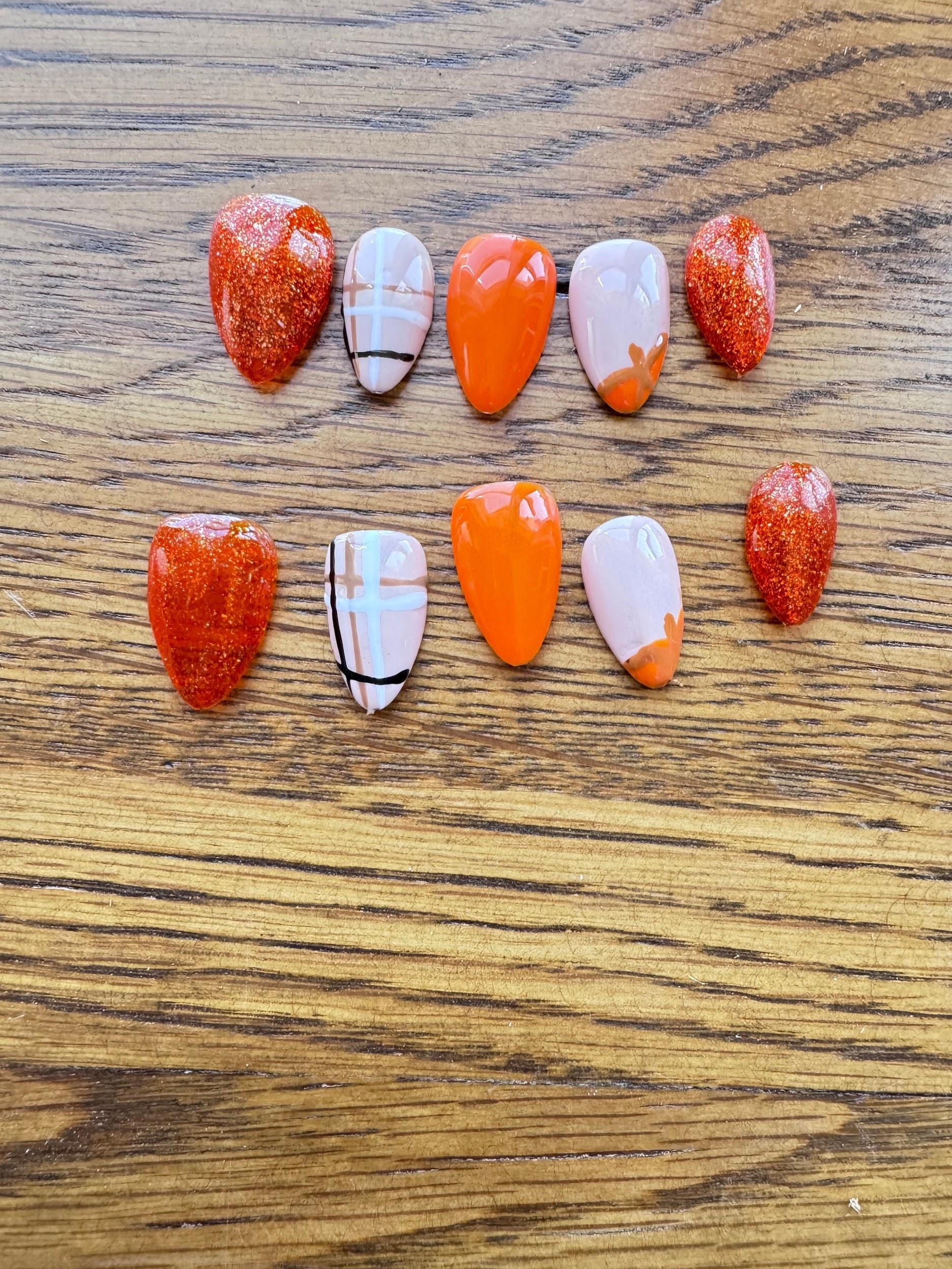 Pumpkin Plaid hand-painted nail set
