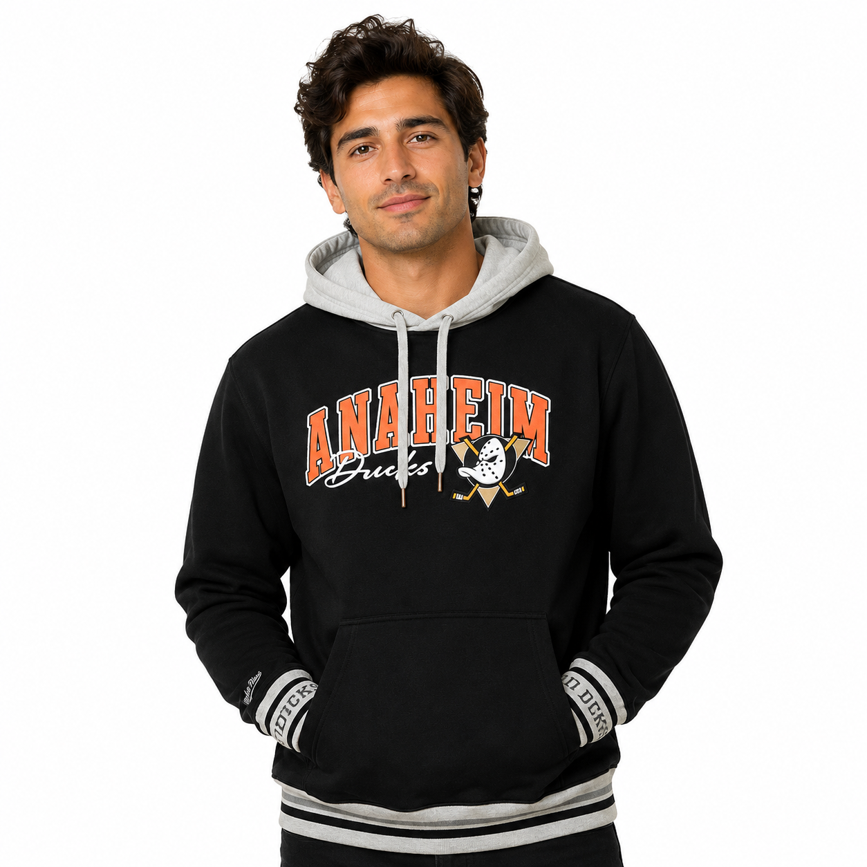 Anaheim Ducks Black Mitchell and Ness Premium Hooded Sweatshirt